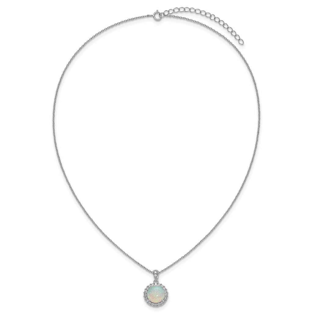 Opal gemstone pendant necklace with halo diamonds on fine silver chain, FCJ Jewelry LLC