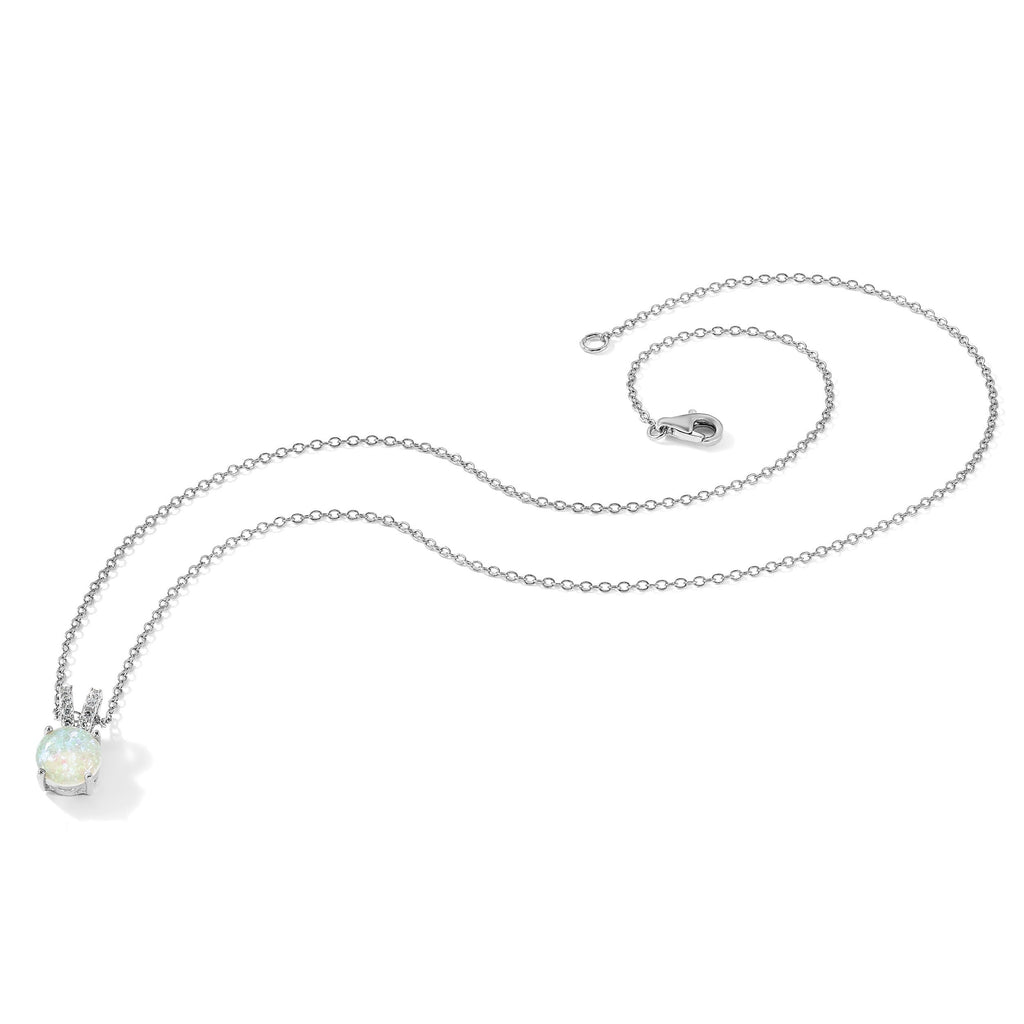 Sterling silver necklace with round opal gemstone pendant on a white background