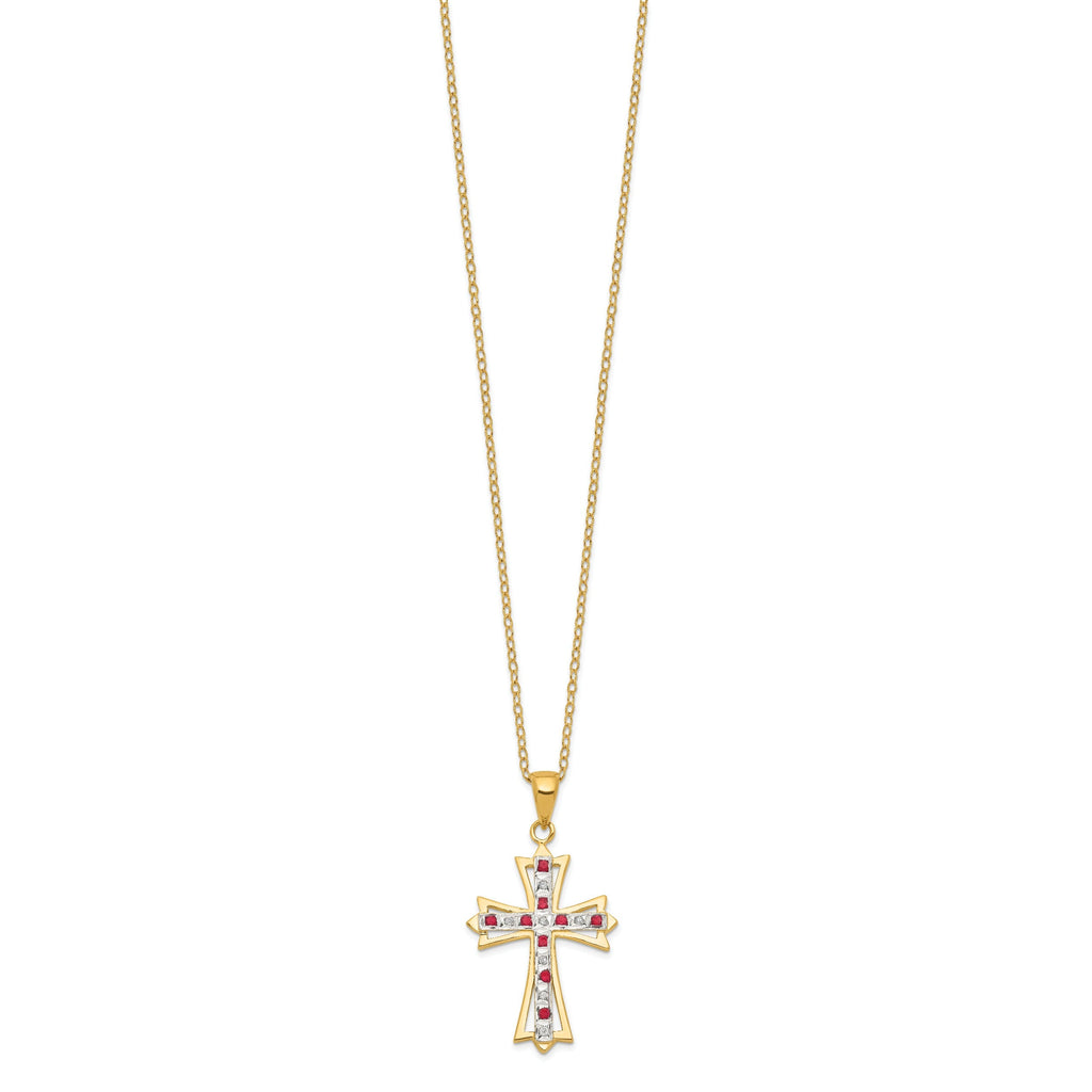 Silver Natural Diamond and Ruby Cross Necklace