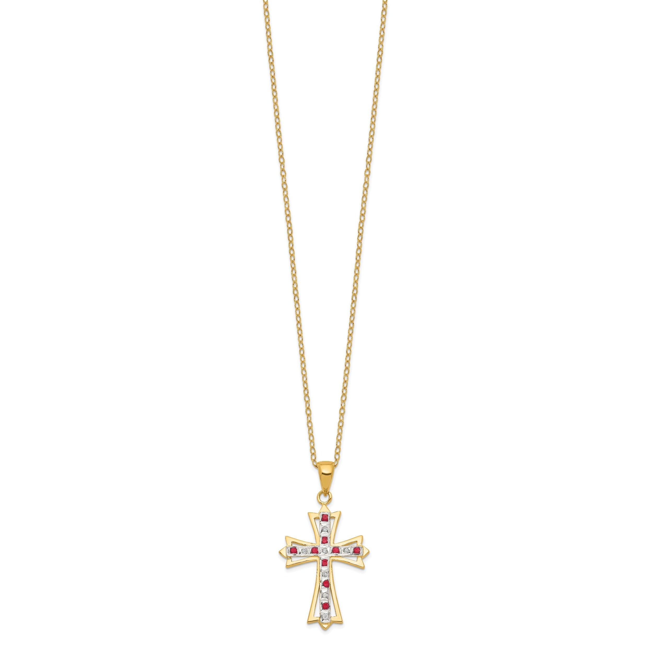 Silver Natural Diamond and Ruby Cross Necklace