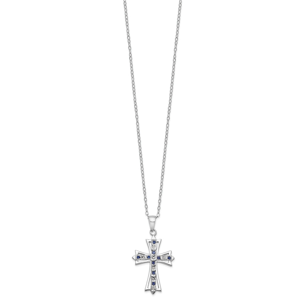 Sterling Silver Natural Diamond and Sapphire Cross Necklace