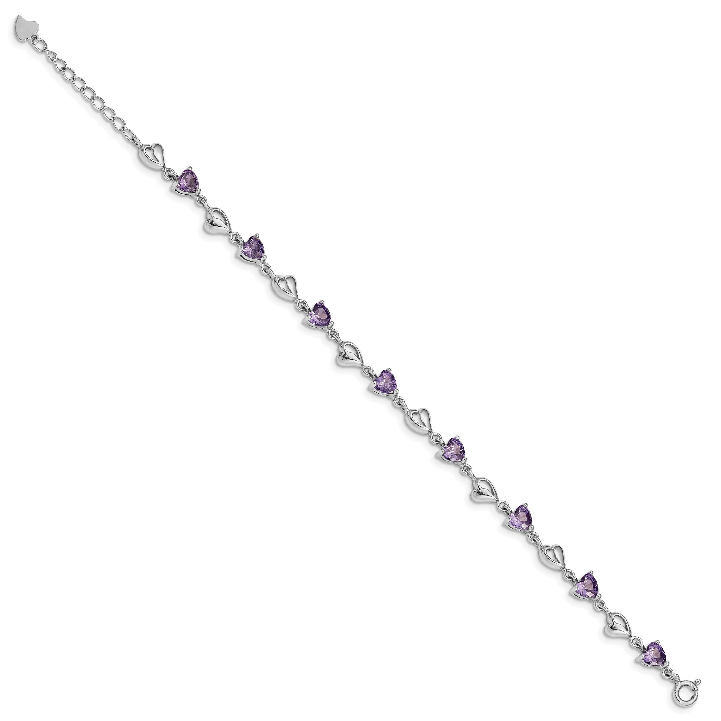 Silver bracelet with heart-shaped purple gemstones, handcrafted fine jewelry from FCJ Jewelry LLC