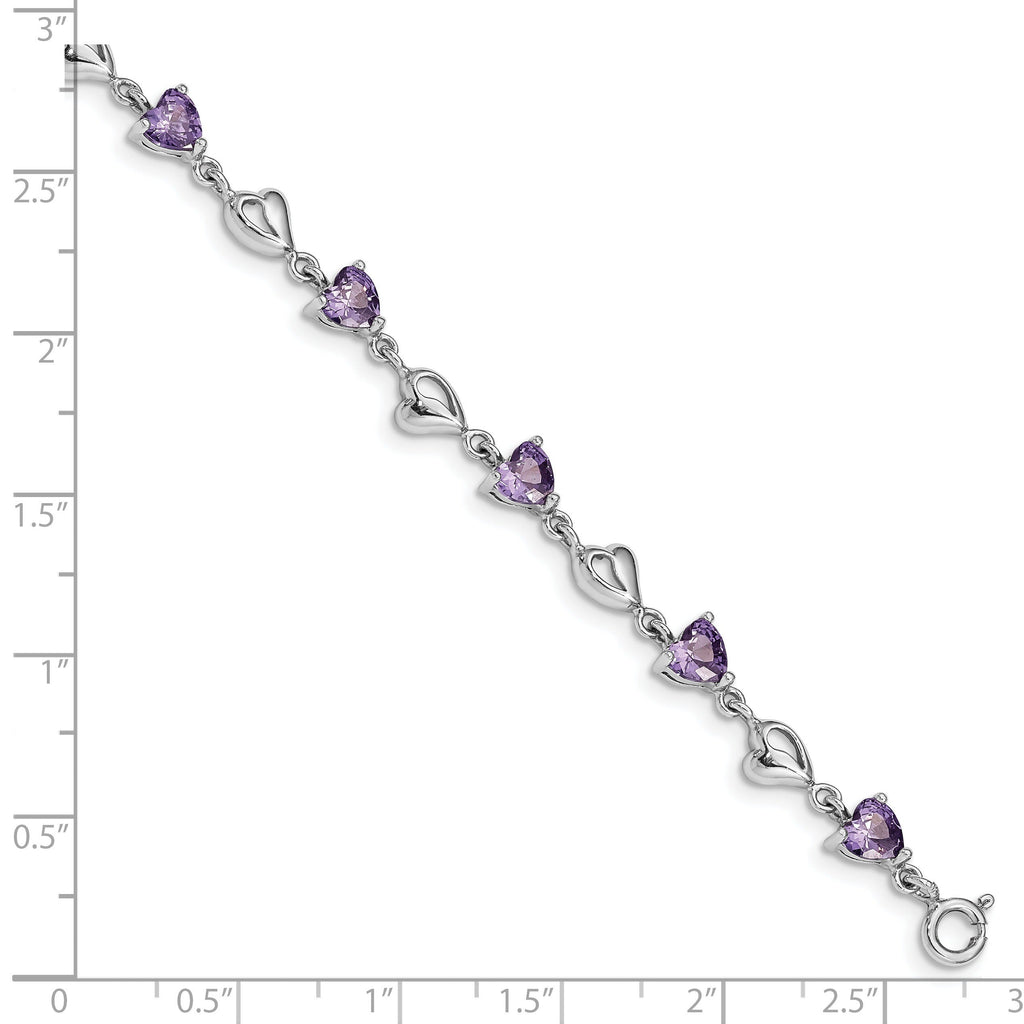 Silver bracelet with purple heart-shaped gemstones and open heart links on a measurement grid