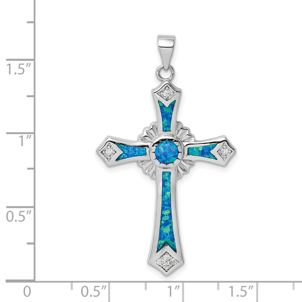 Sterling Silver Lab Created Blue Opal and Cubic Zirconia Cross Pendant