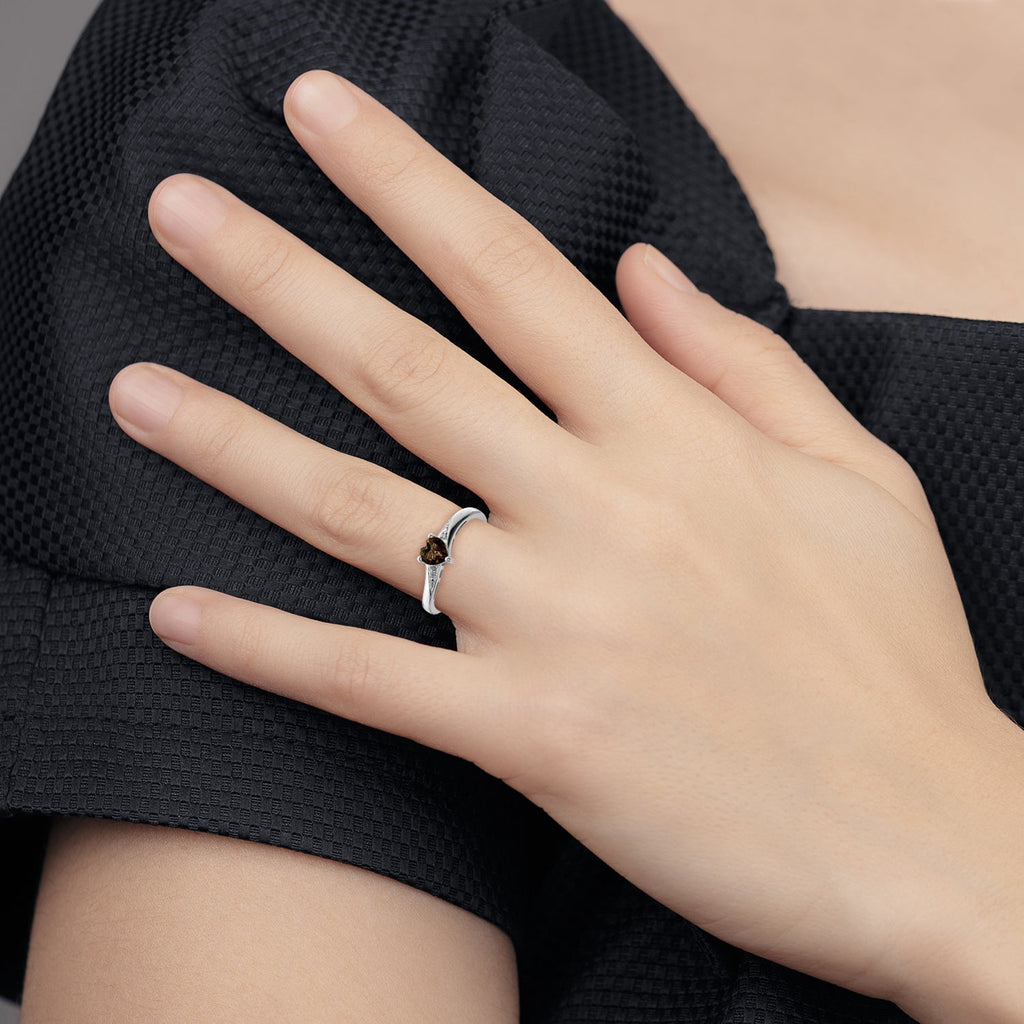 Silver Smoky Quartz Diamond Heart Ring