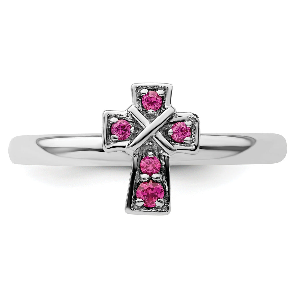 Lab Created Ruby Silver Stackable Cross Ring