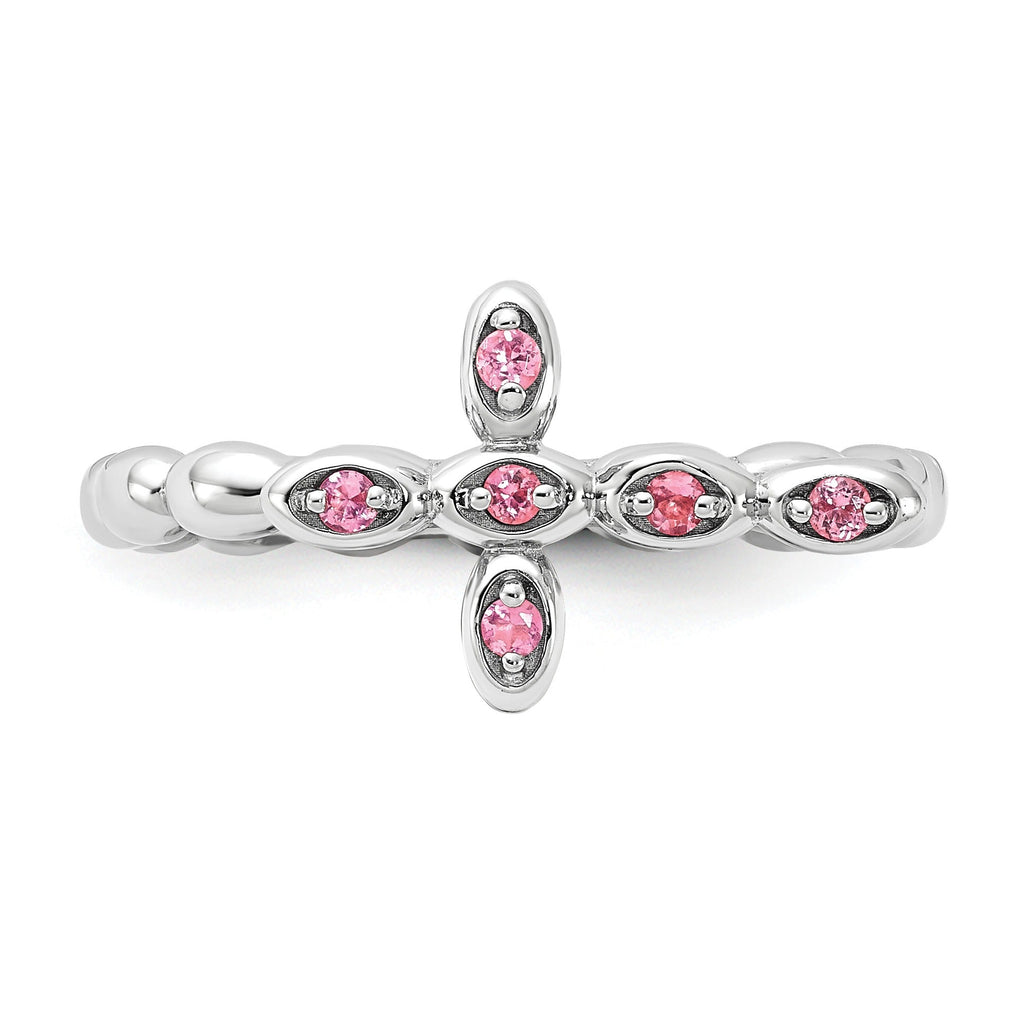 Silver Stackable Natural Pink Tourmaline Cross Ring