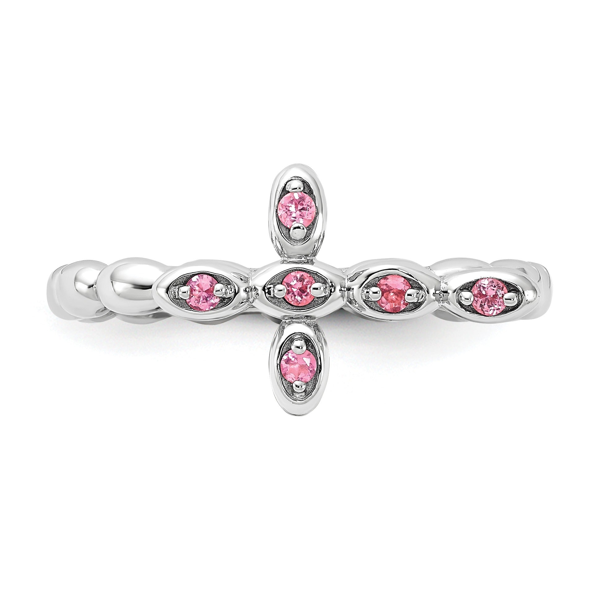 Silver Stackable Natural Pink Tourmaline Cross Ring