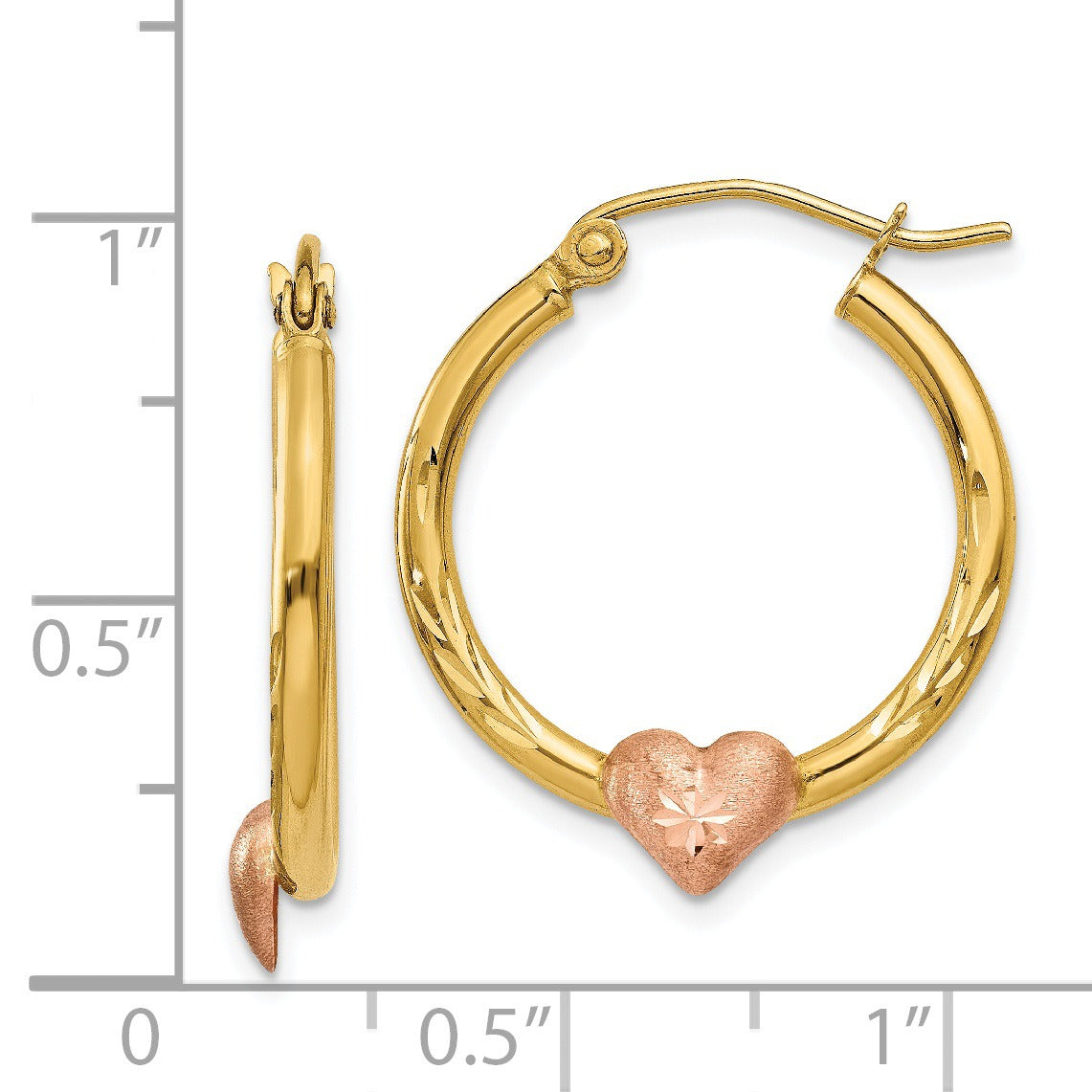 14K Gold and Rose Heart Hoop Earrings