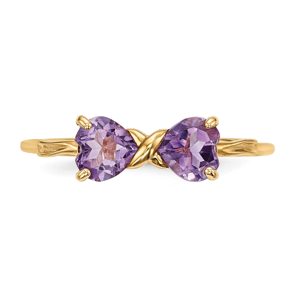 14k Yellow Gold Bow Dual Heart Birthstone Ring