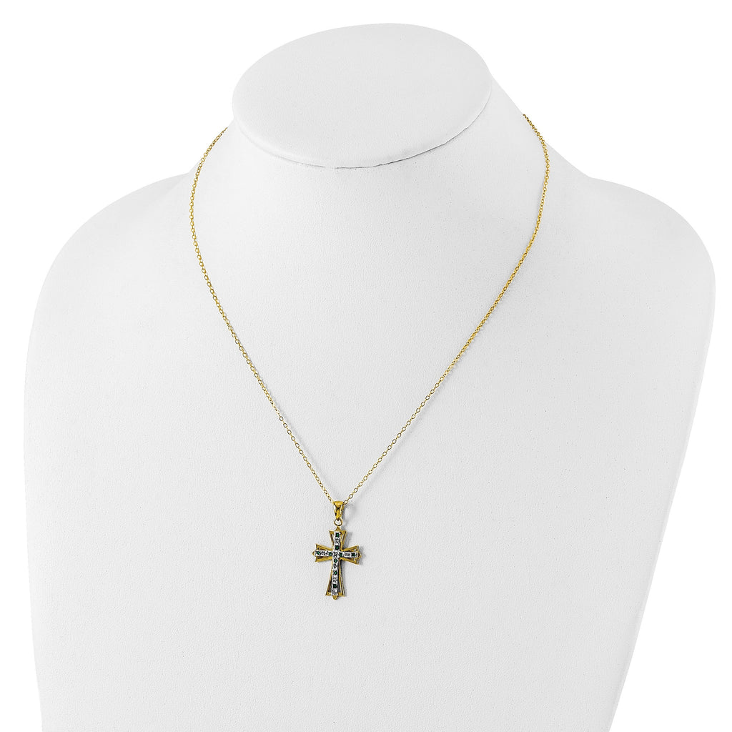 Silver Natural Diamond and Emerald Cross Necklace