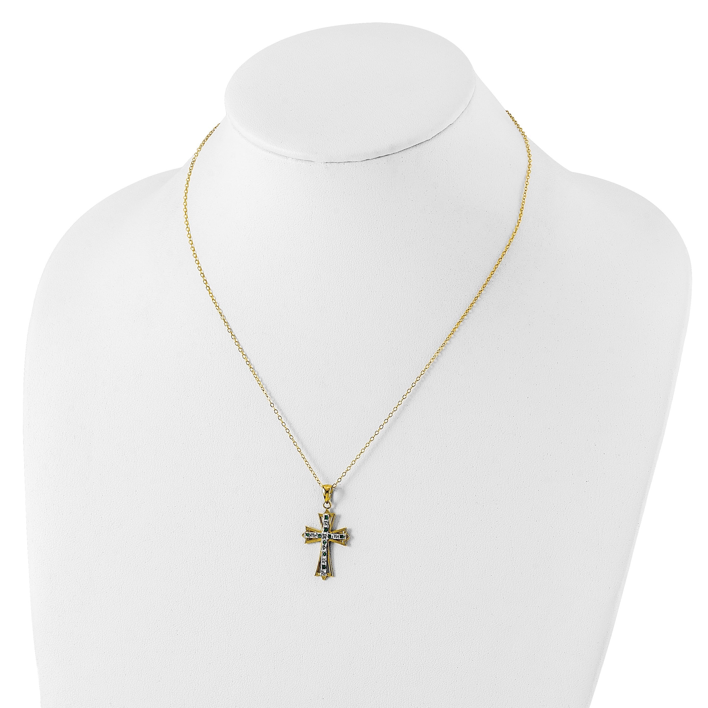Silver Natural Diamond and Emerald Cross Necklace