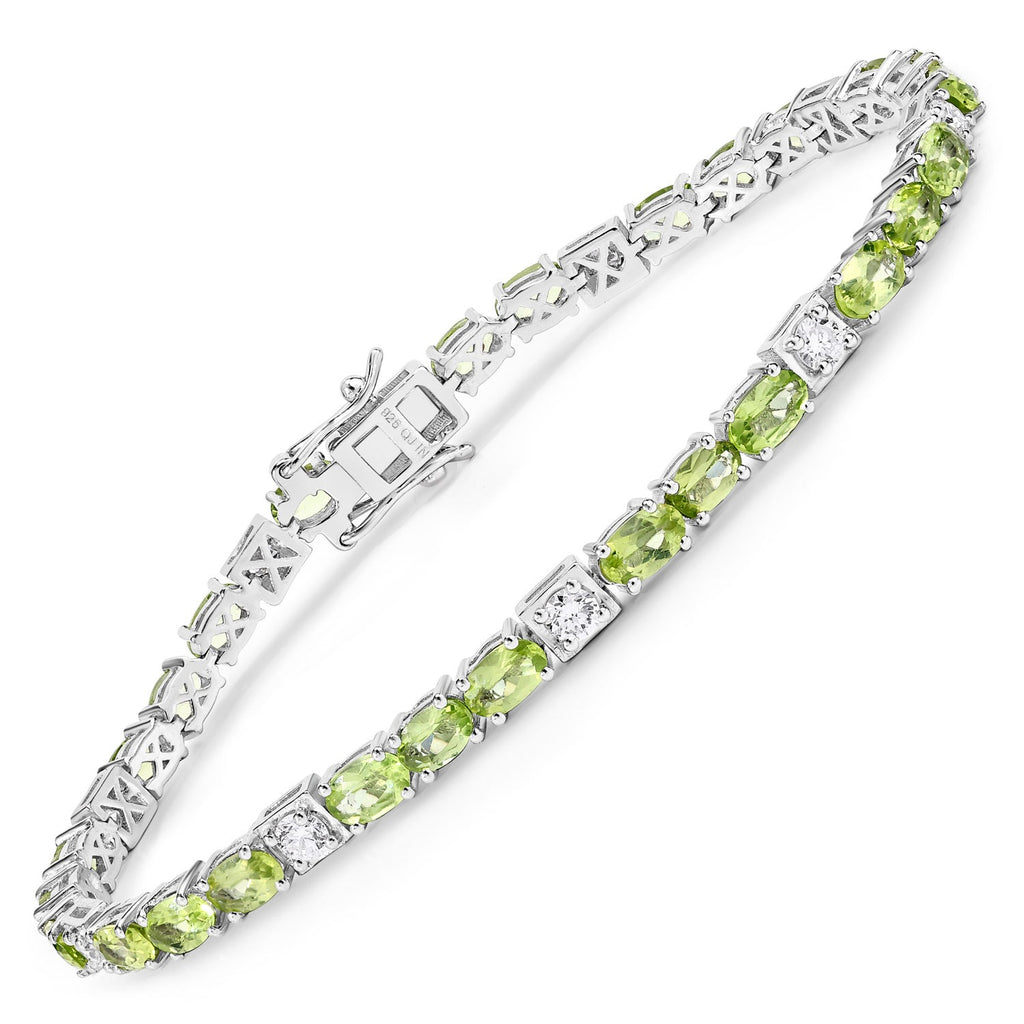 7.31 Ct Green Peridot and Lab Grown Diamond Prong  Silver Tennis Bracelet