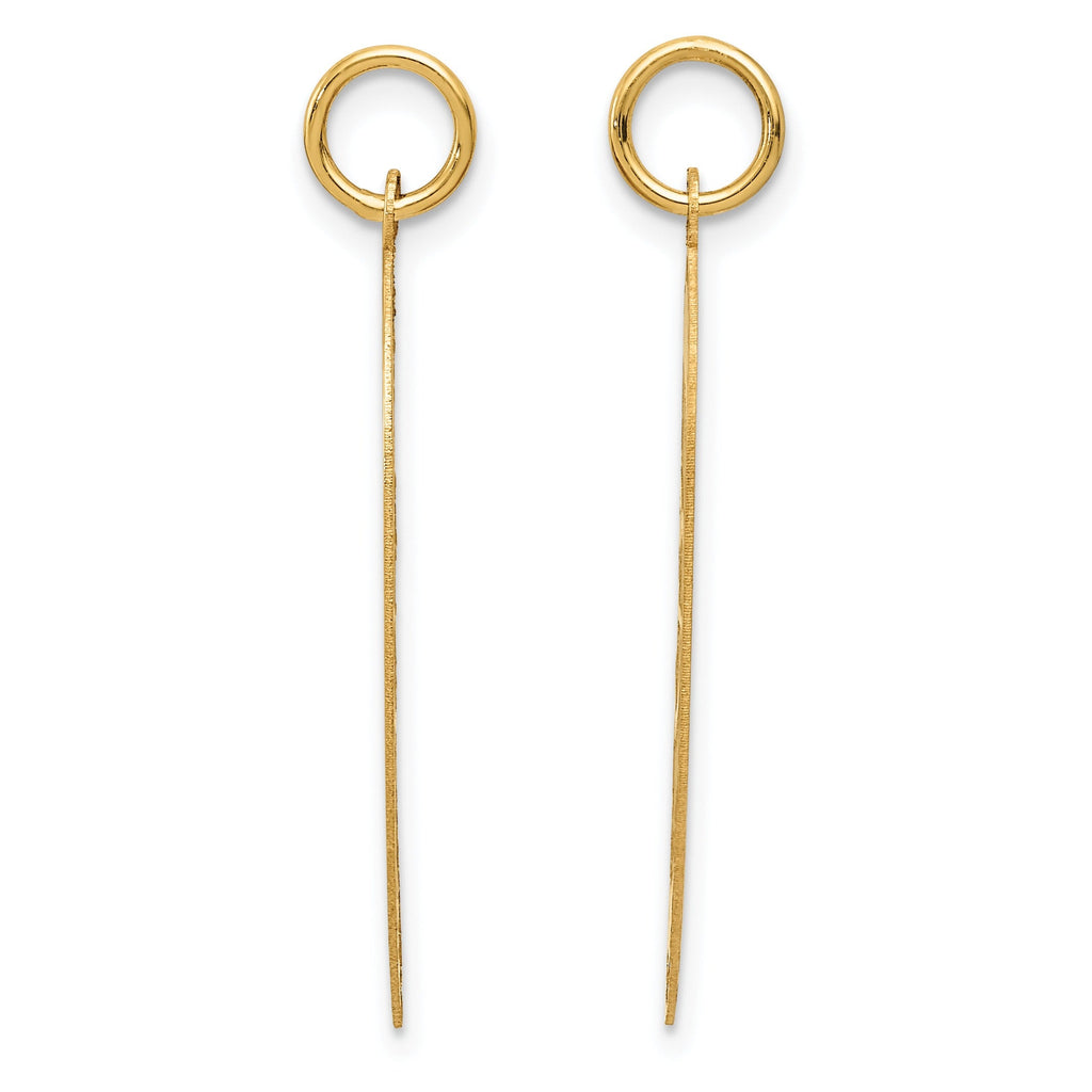 Minimalist gold drop earrings with circle and bar design on white background