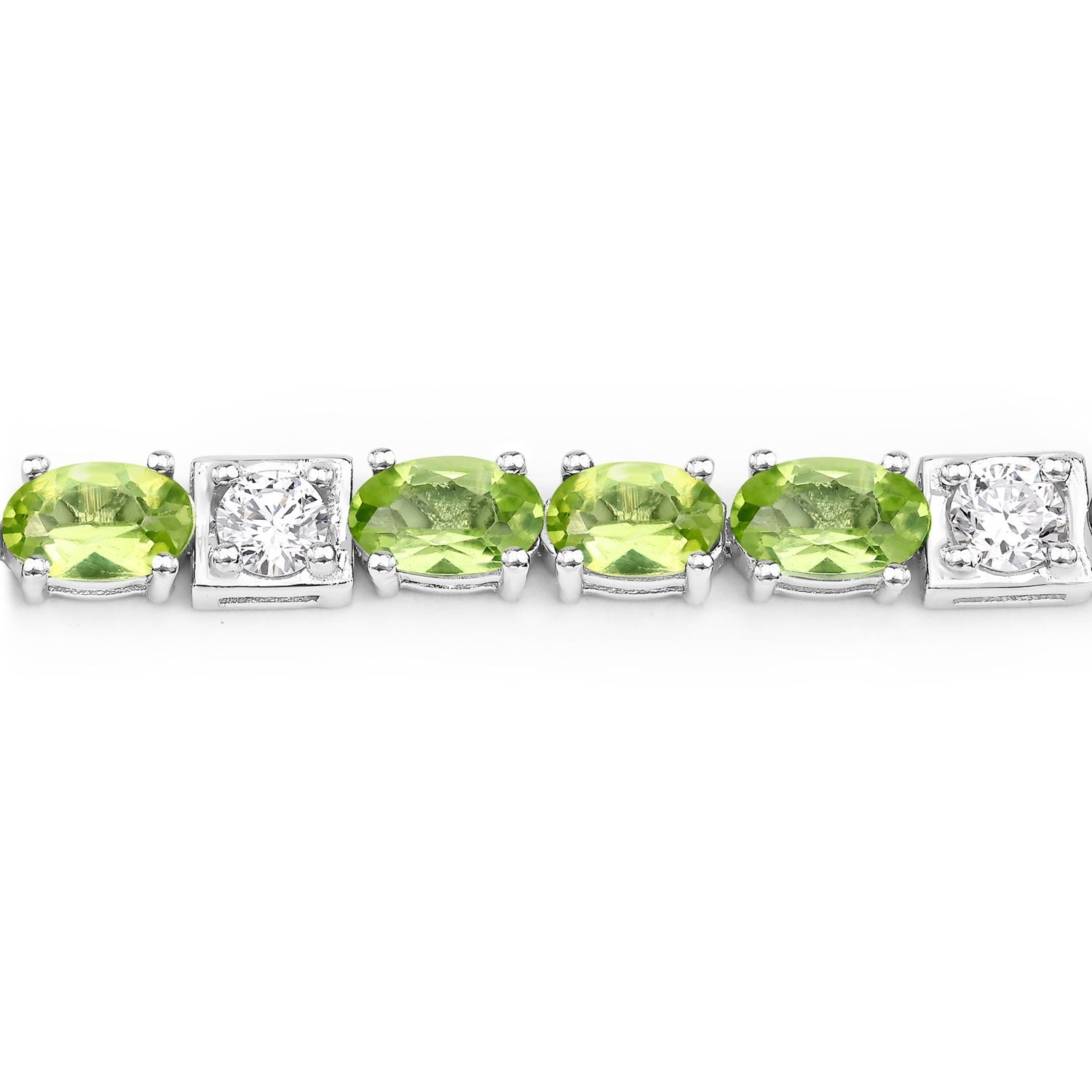 7.31 Ct Green Peridot and Lab Grown Diamond Prong  Silver Tennis Bracelet