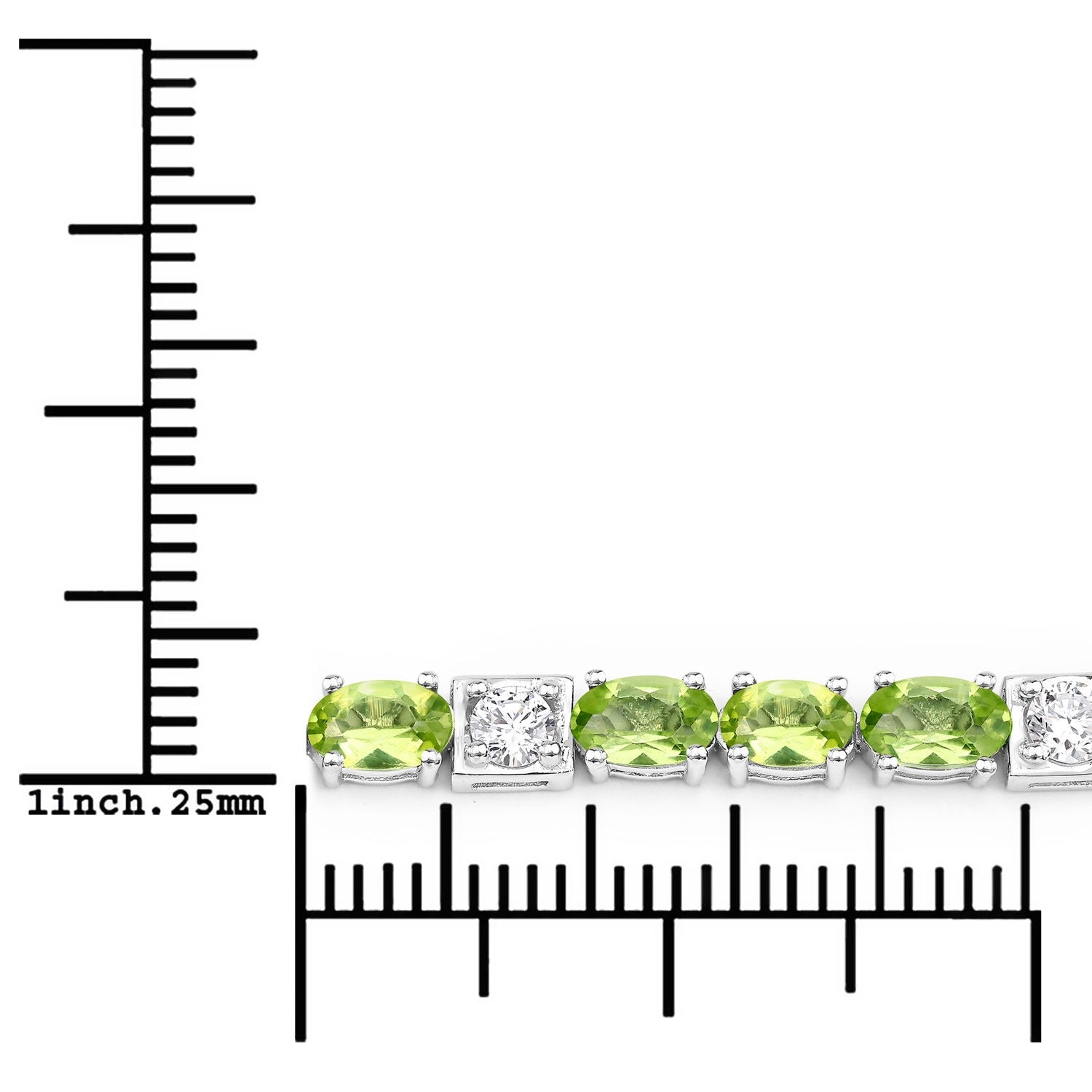 7.31 Ct Green Peridot and Lab Grown Diamond Prong  Silver Tennis Bracelet
