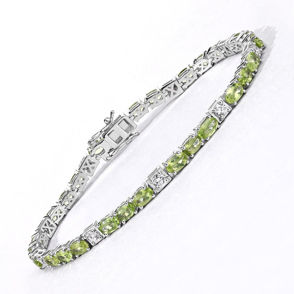 7.31 Ct Green Peridot and Lab Grown Diamond Prong  Silver Tennis Bracelet