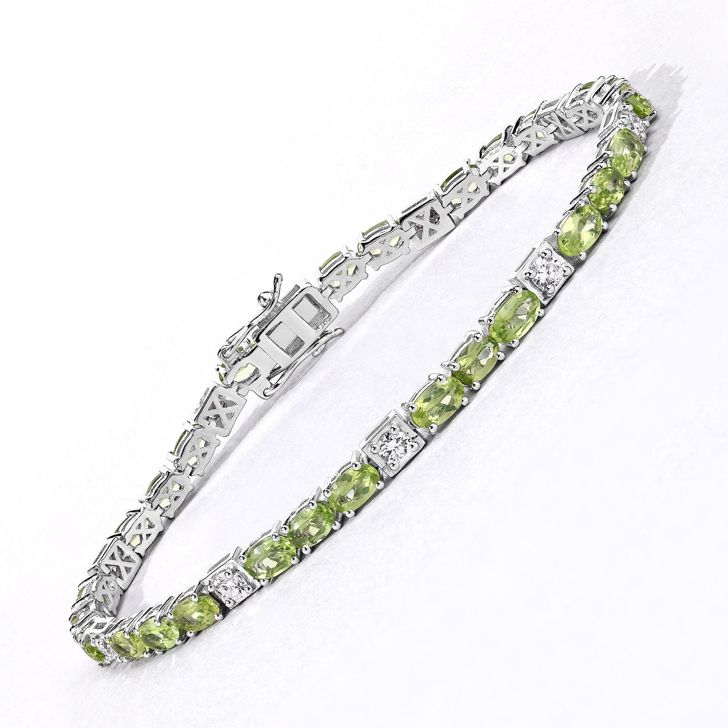 7.31 Ct Green Peridot and Lab Grown Diamond Prong  Silver Tennis Bracelet