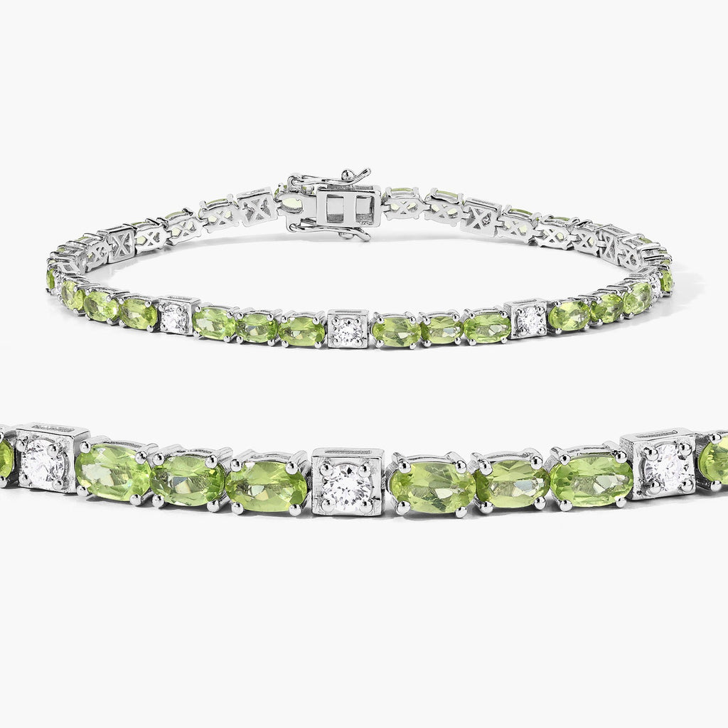 7.31 Ct Green Peridot and Lab Grown Diamond Prong  Silver Tennis Bracelet