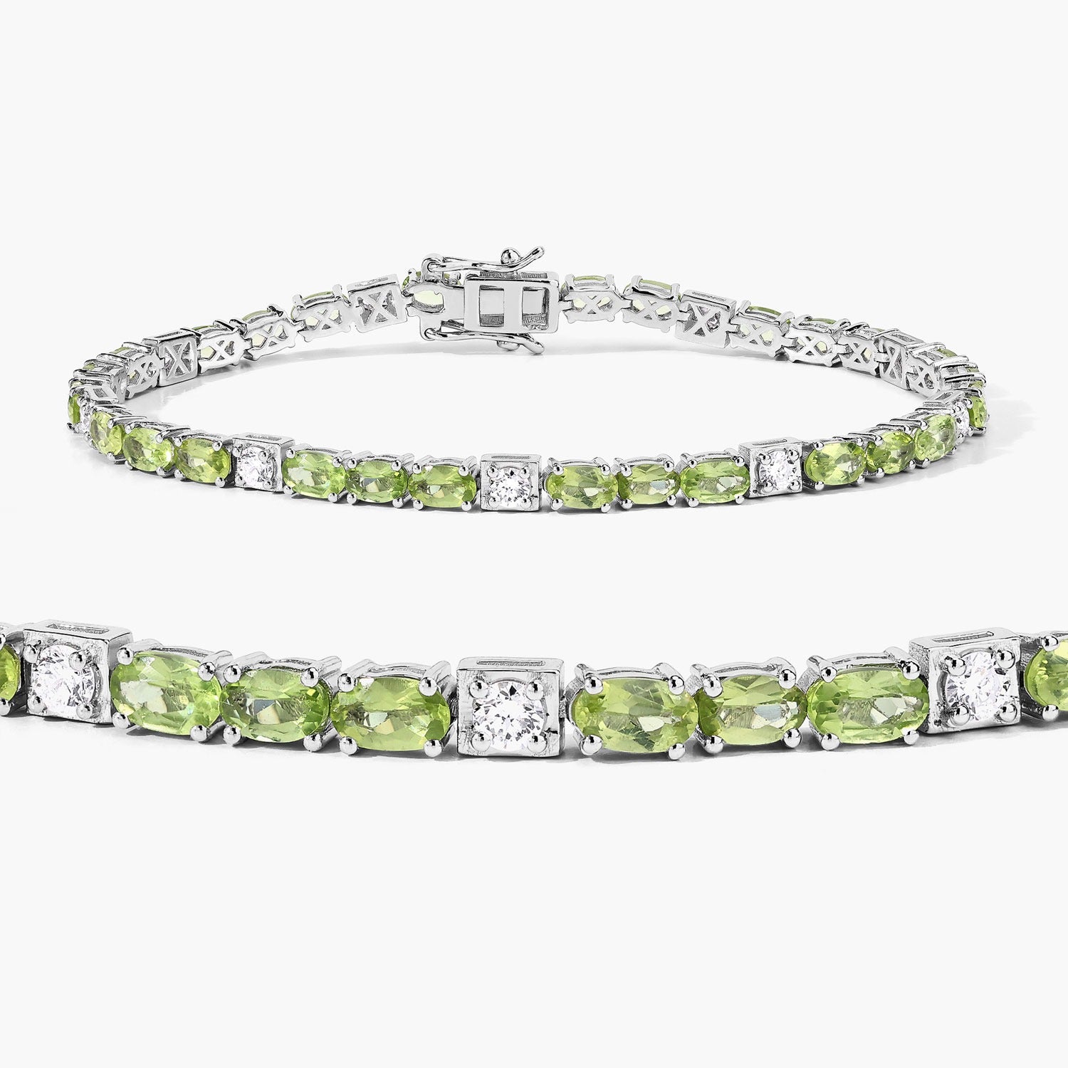 7.31 Ct Green Peridot and Lab Grown Diamond Prong  Silver Tennis Bracelet
