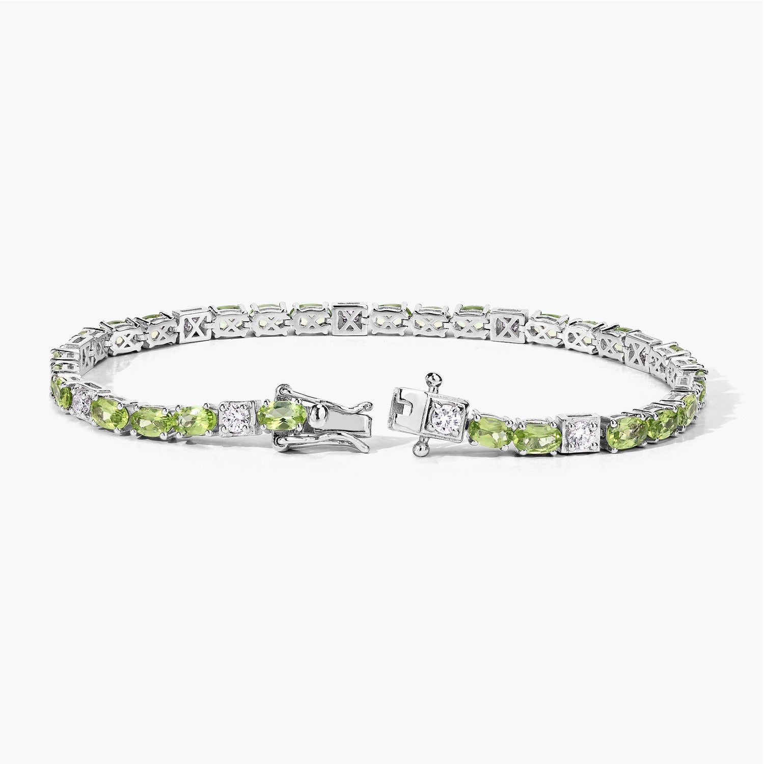 7.31 Ct Green Peridot and Lab Grown Diamond Prong  Silver Tennis Bracelet