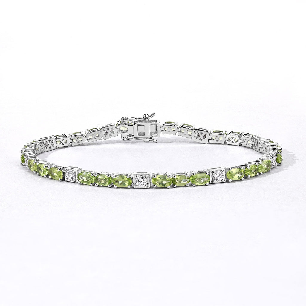 7.31 Ct Green Peridot and Lab Grown Diamond Prong  Silver Tennis Bracelet