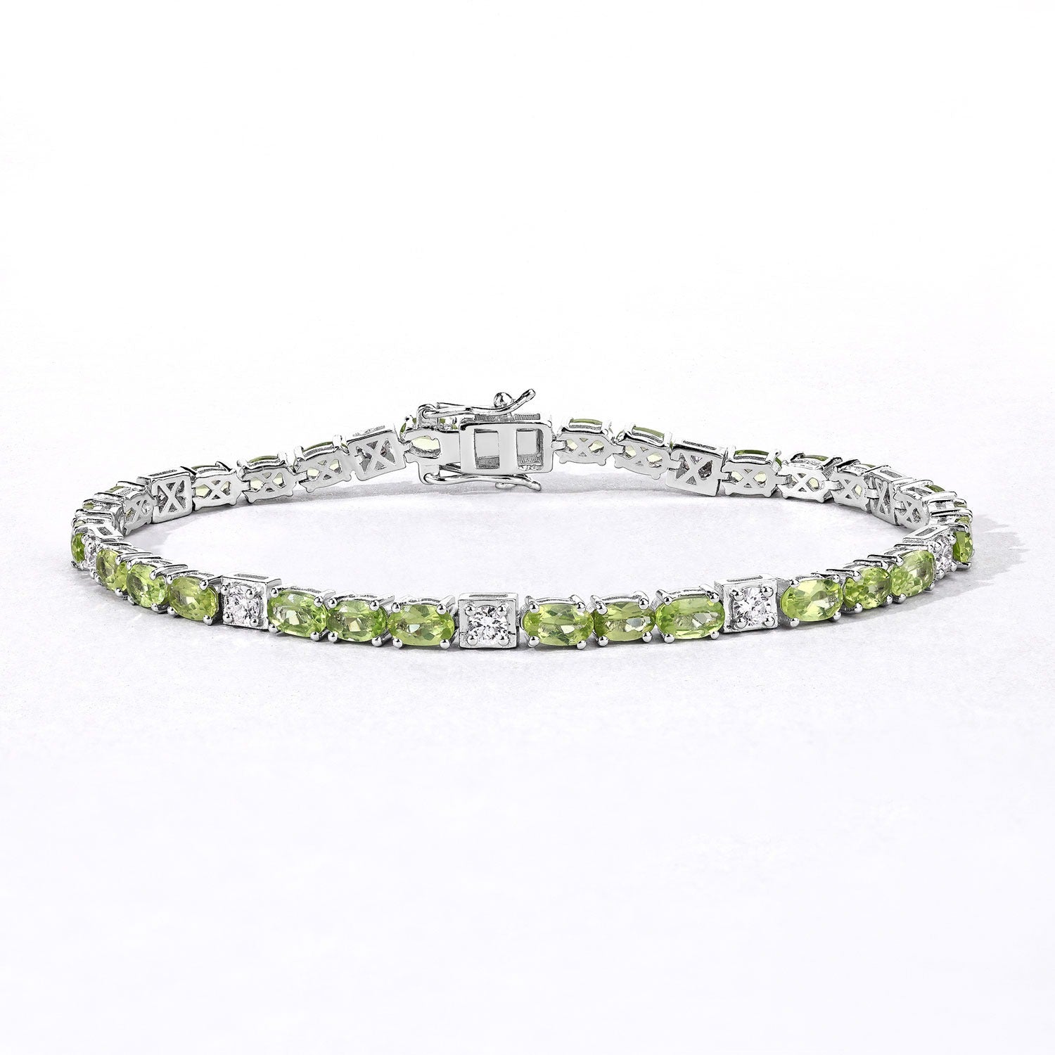 7.31 Ct Green Peridot and Lab Grown Diamond Prong  Silver Tennis Bracelet