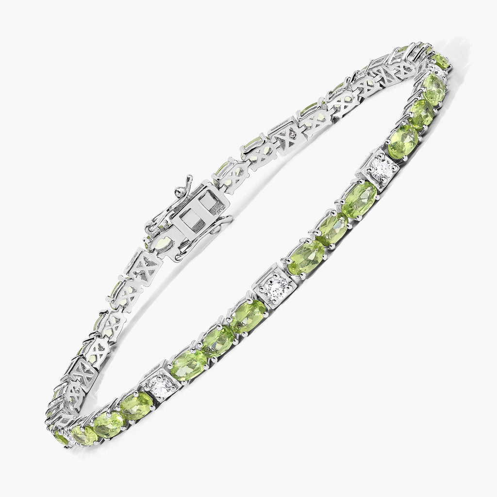 7.31 Ct Green Peridot and Lab Grown Diamond Prong  Silver Tennis Bracelet