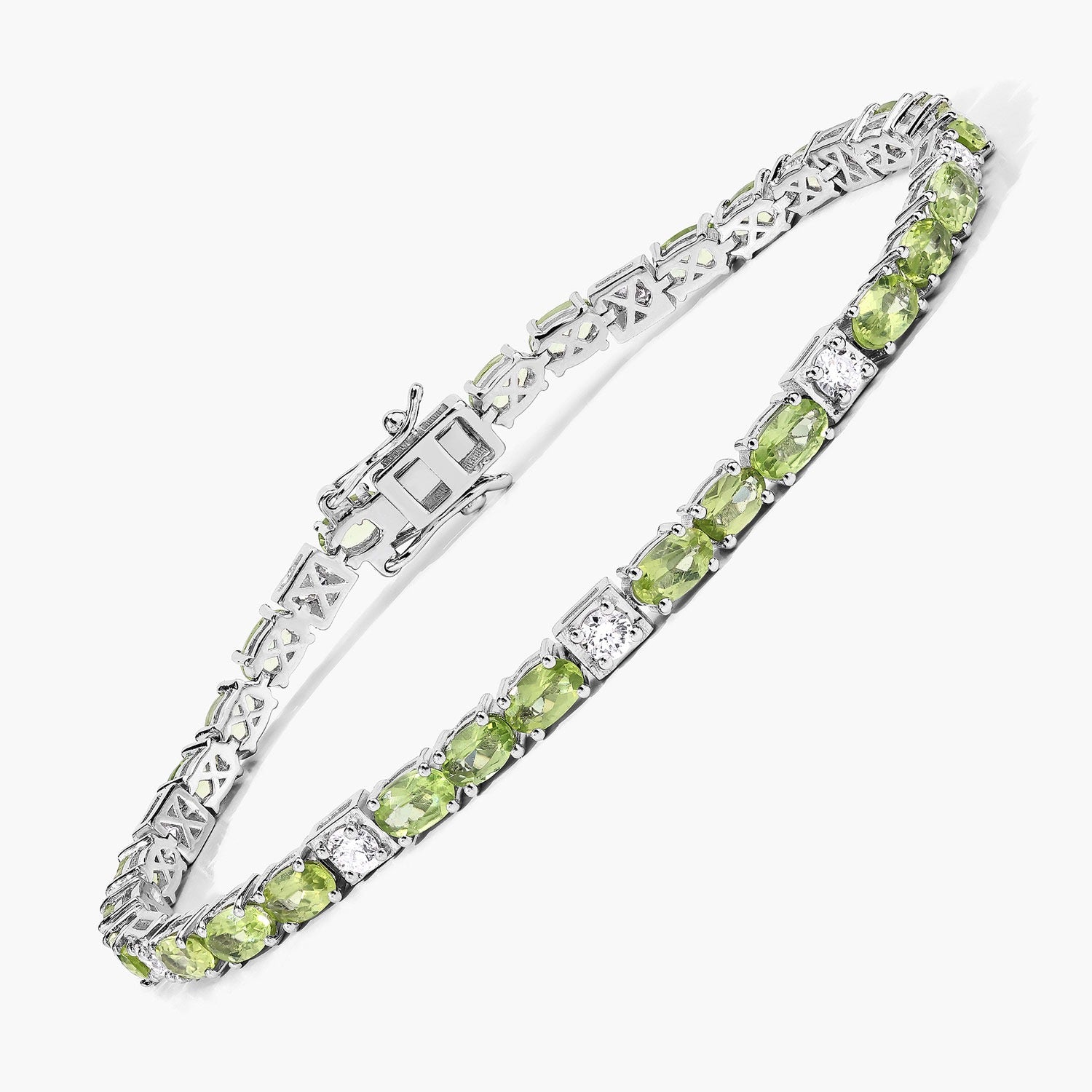 7.31 Ct Green Peridot and Lab Grown Diamond Prong  Silver Tennis Bracelet