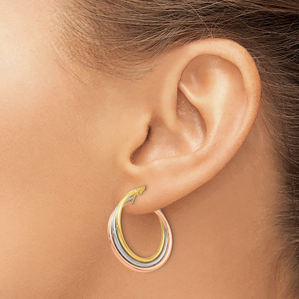 14K Gold Tri-color Textured Twisted Hoop Earrings