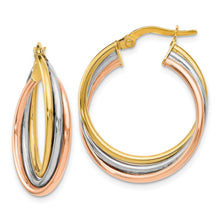 Load image into Gallery viewer, 14K Gold Tri-color Textured Twisted Hoop Earrings