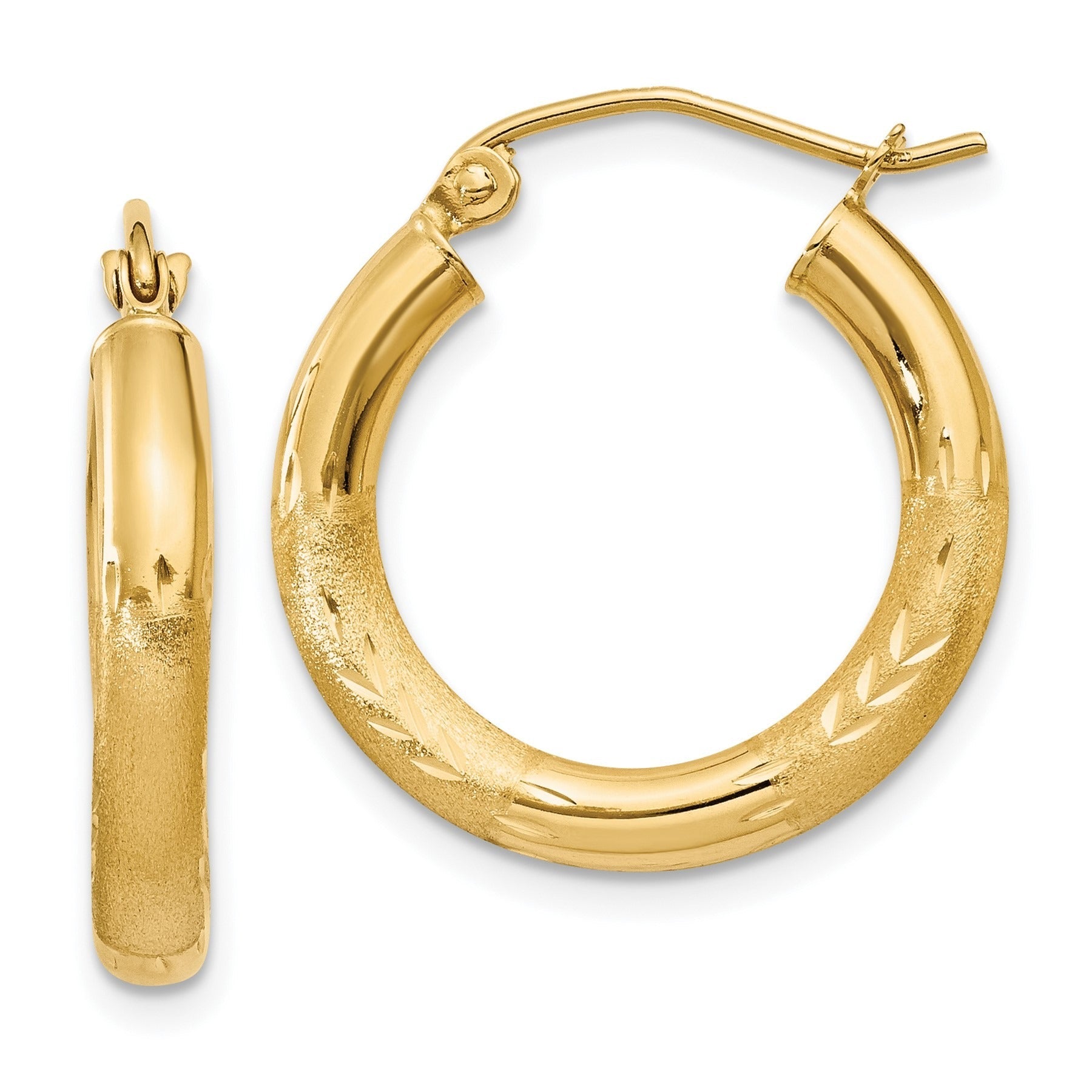 14k Gold Satin and Diamond-cut Round Hoop Earrings