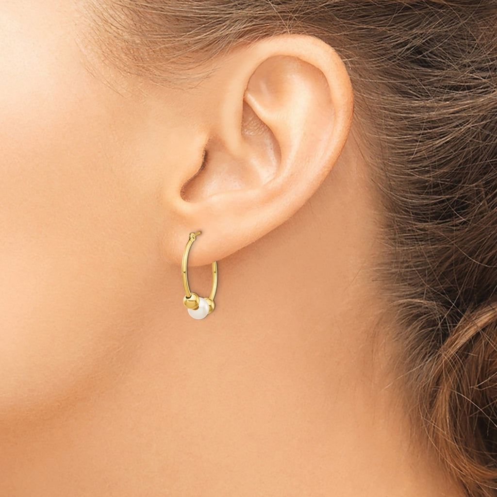 14K Gold White Semi-Round Pearl Hoop Earring