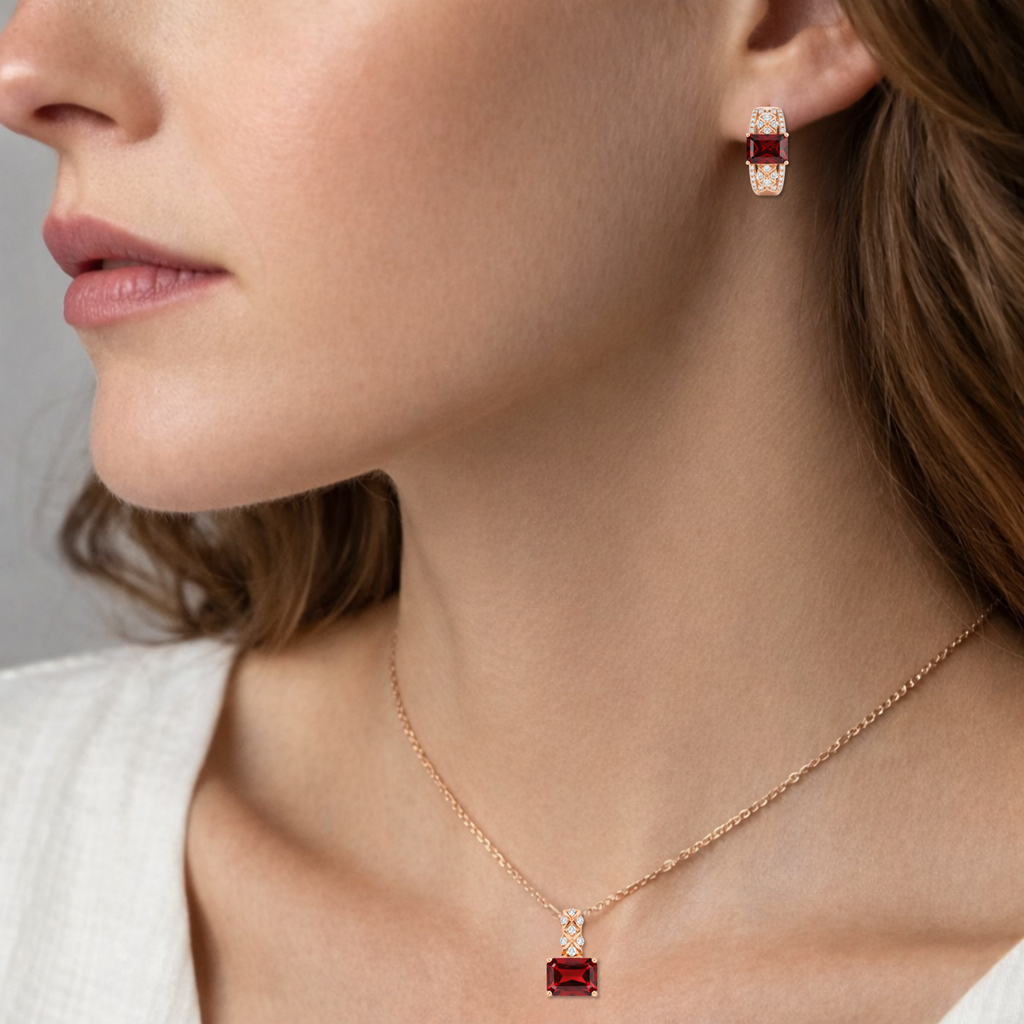 Natural Red Garnet & White Topaz Silver Jewelry Set