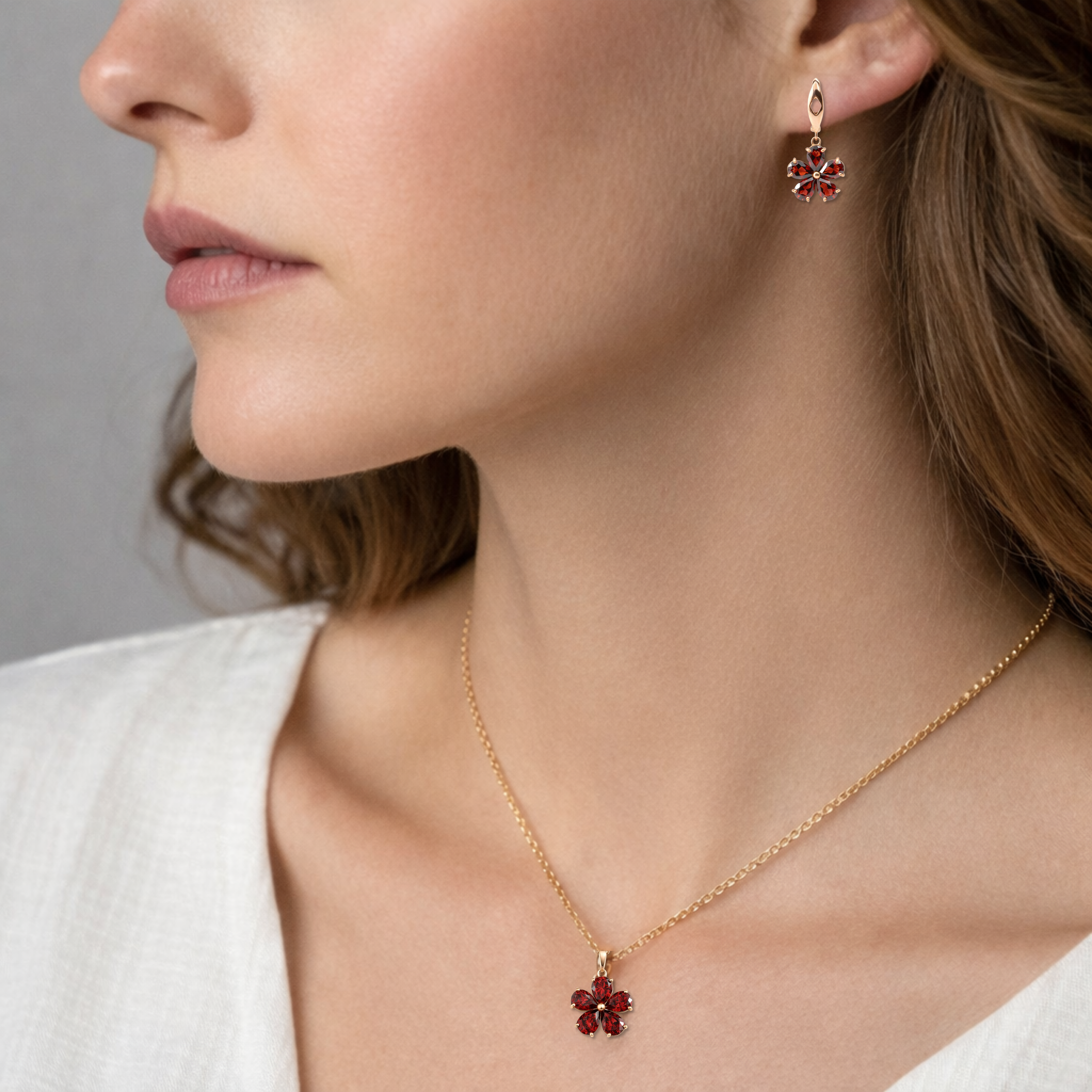 Natural Red Garnet Floral Sterling Silver Jewelry Set