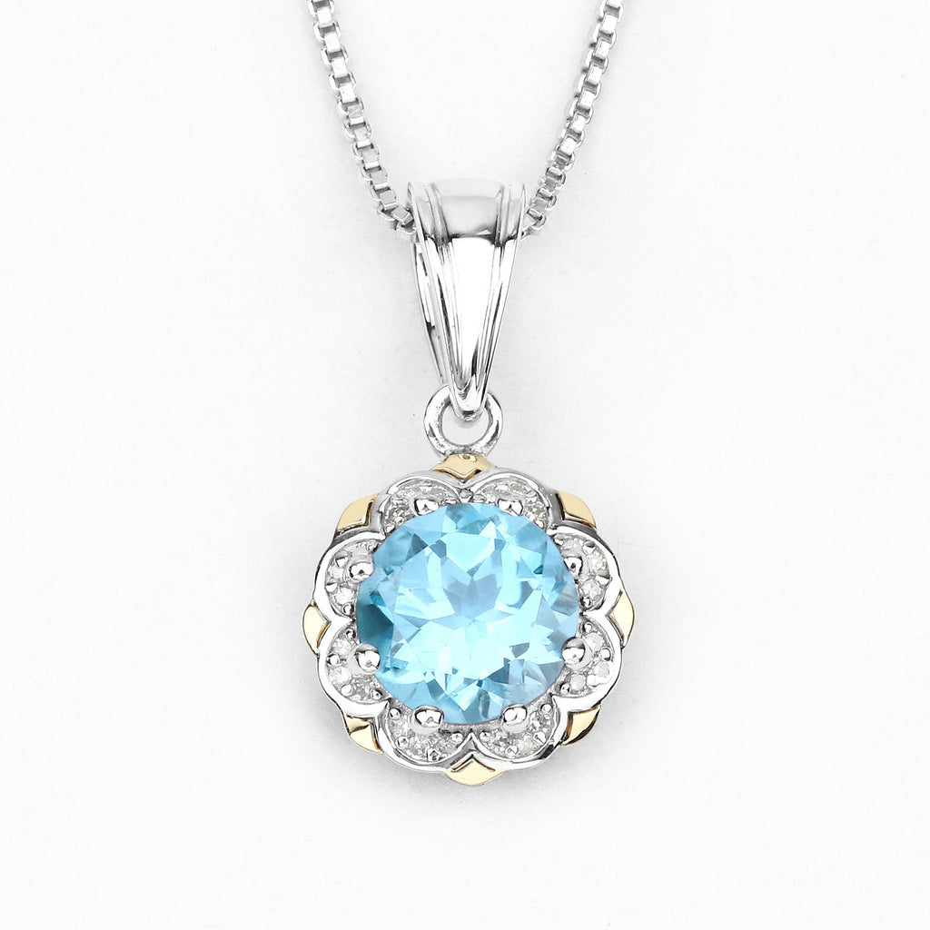 14K Gold Genuine Swiss Blue Topaz and Diamond Necklace