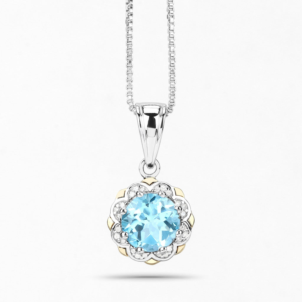 14K Gold Genuine Swiss Blue Topaz and Diamond Necklace