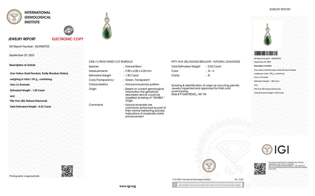 Genuine Zambian Emerald and White Diamond 14K Gold Crossover Pendant