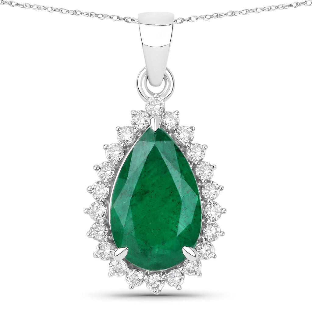 Genuine Zambian Emerald and White Diamond 14K White Gold Pendant