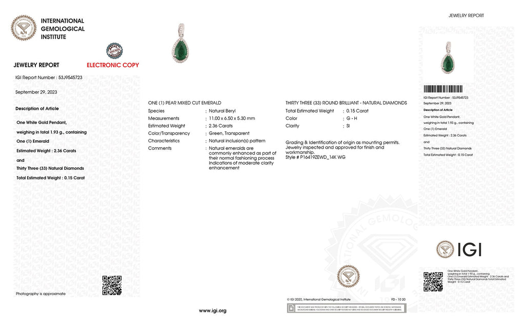 Genuine Zambian Emerald and White Diamond 14K White Gold Pendant