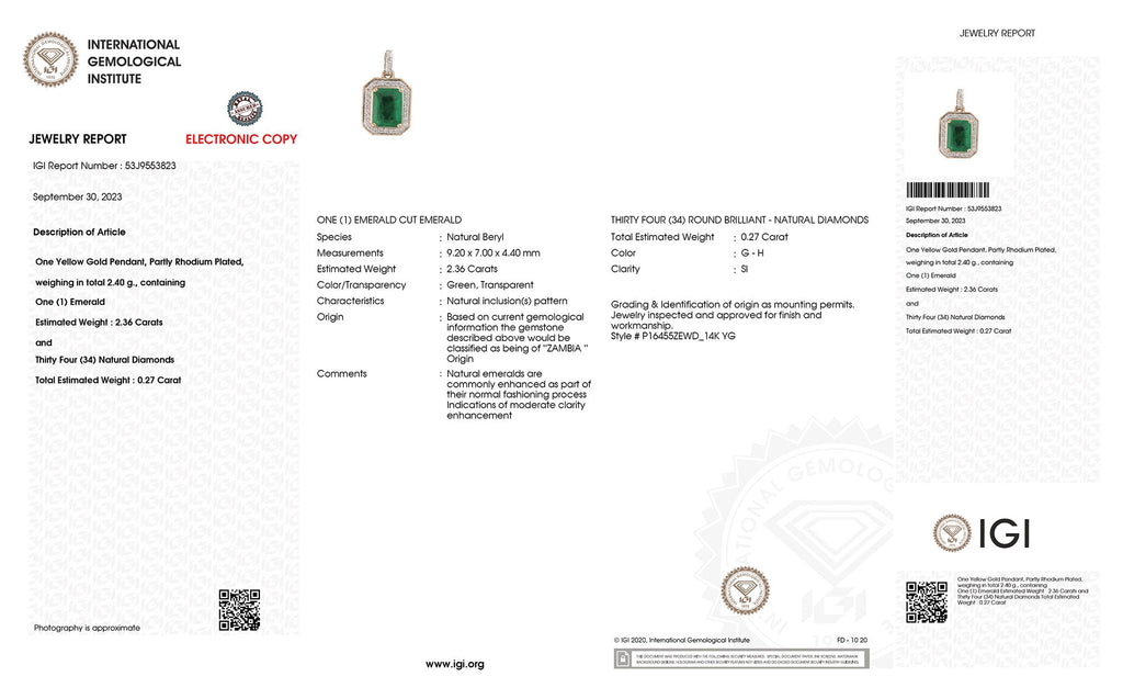 Genuine Zambian Green Emerald White Diamond 14K Gold Pendant