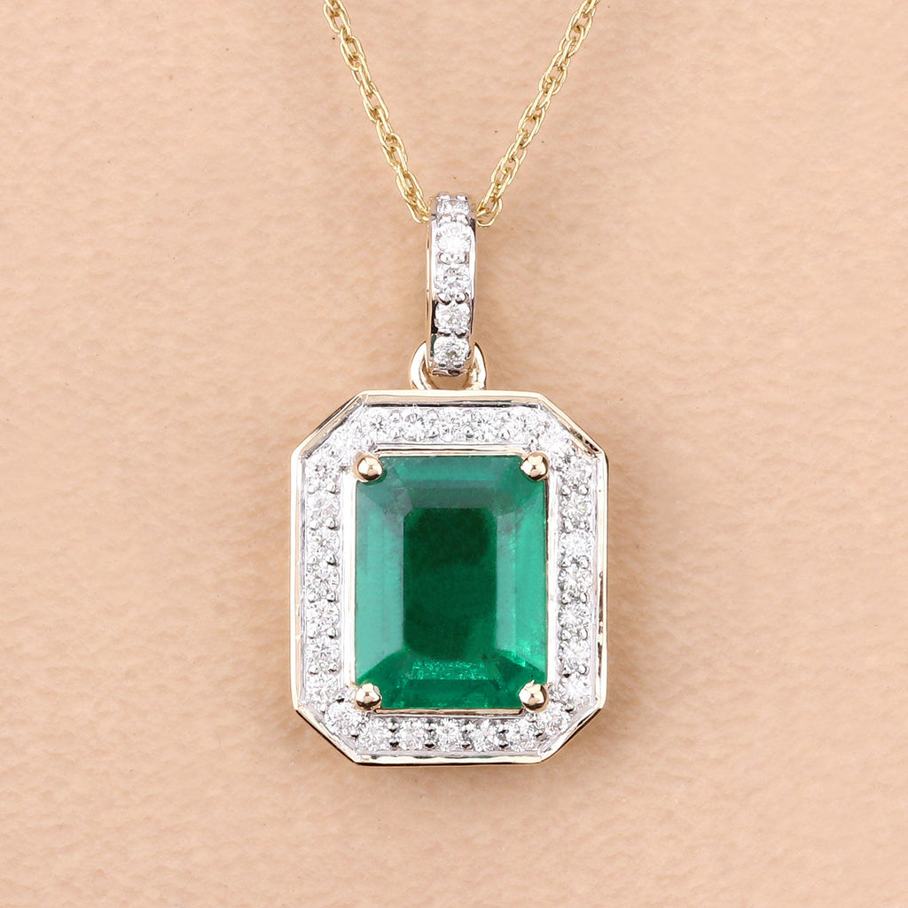Genuine Zambian Green Emerald White Diamond 14K Gold Pendant
