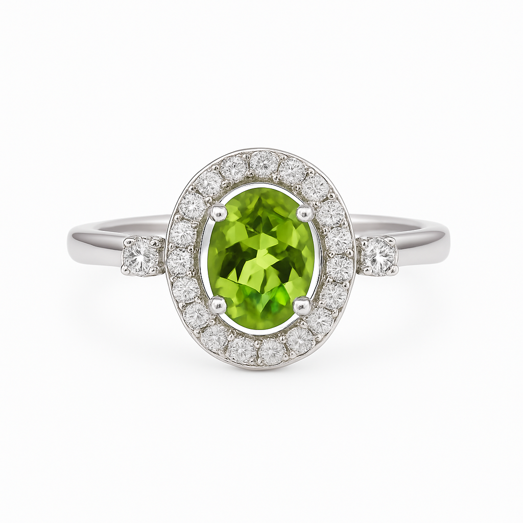 Natural Green Peridot Sterling Silver halo Engagement Ring Fine Color Jewels