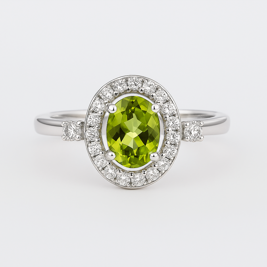Natural Green Peridot Sterling Silver halo Engagement Ring Fine Color Jewels