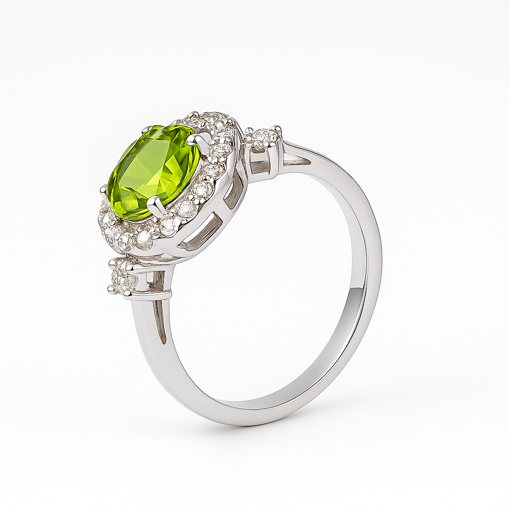 Natural Green Peridot Sterling Silver halo Engagement Ring Fine Color Jewels