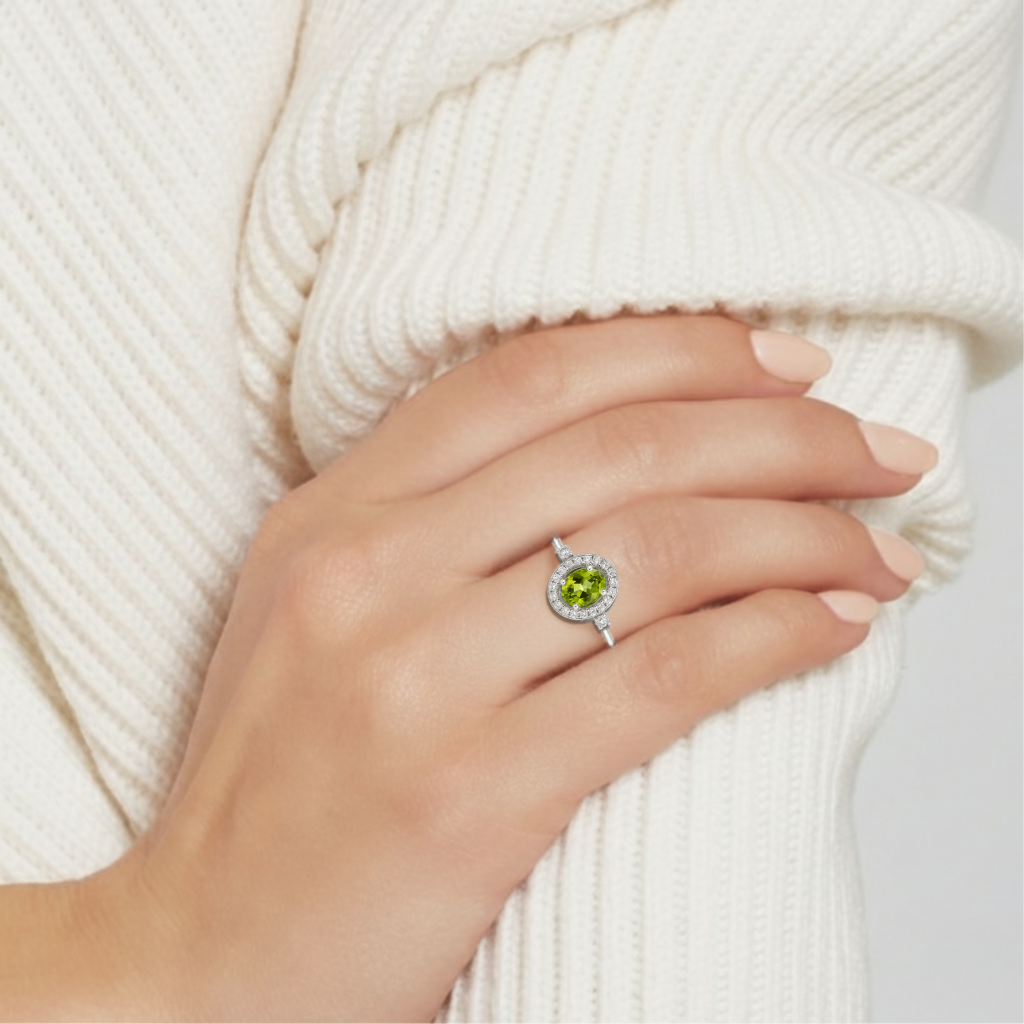 Natural Green Peridot Sterling Silver halo Engagement Ring Fine Color Jewels
