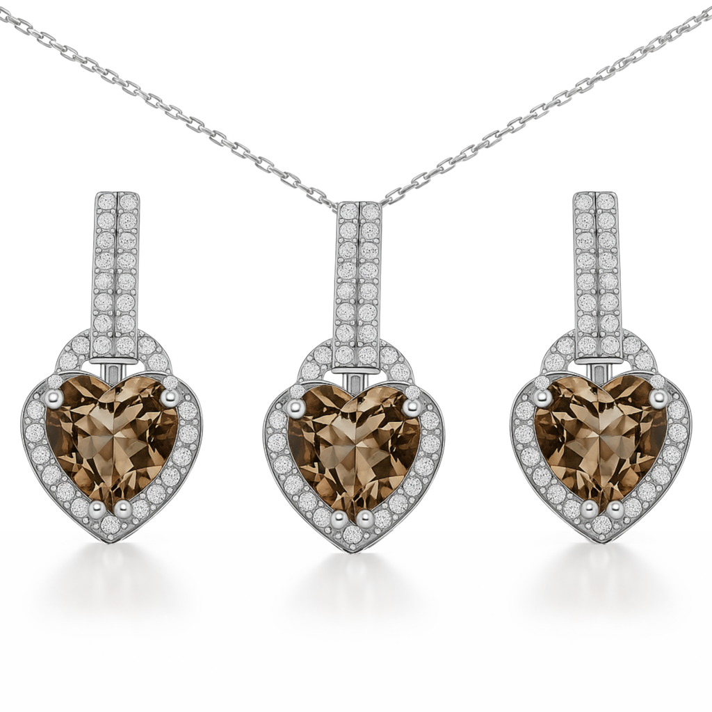 Natural Brown Quartz Heart Sterling Silver Jewelry Set