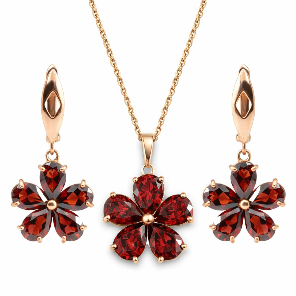 Natural Red Garnet Floral Sterling Silver Jewelry Set