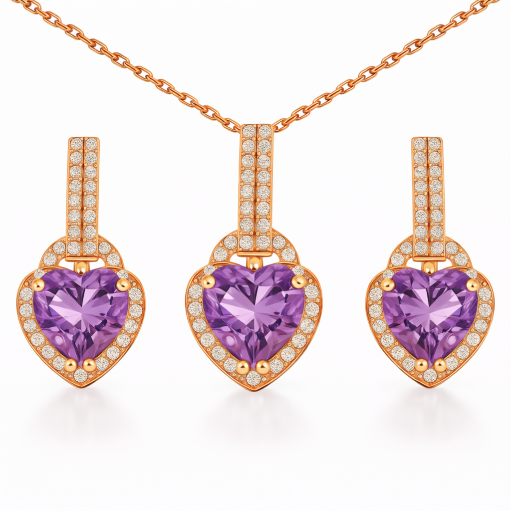 Natural Purple Amethyst Silver Heart Sterling Silver Jewelry Set