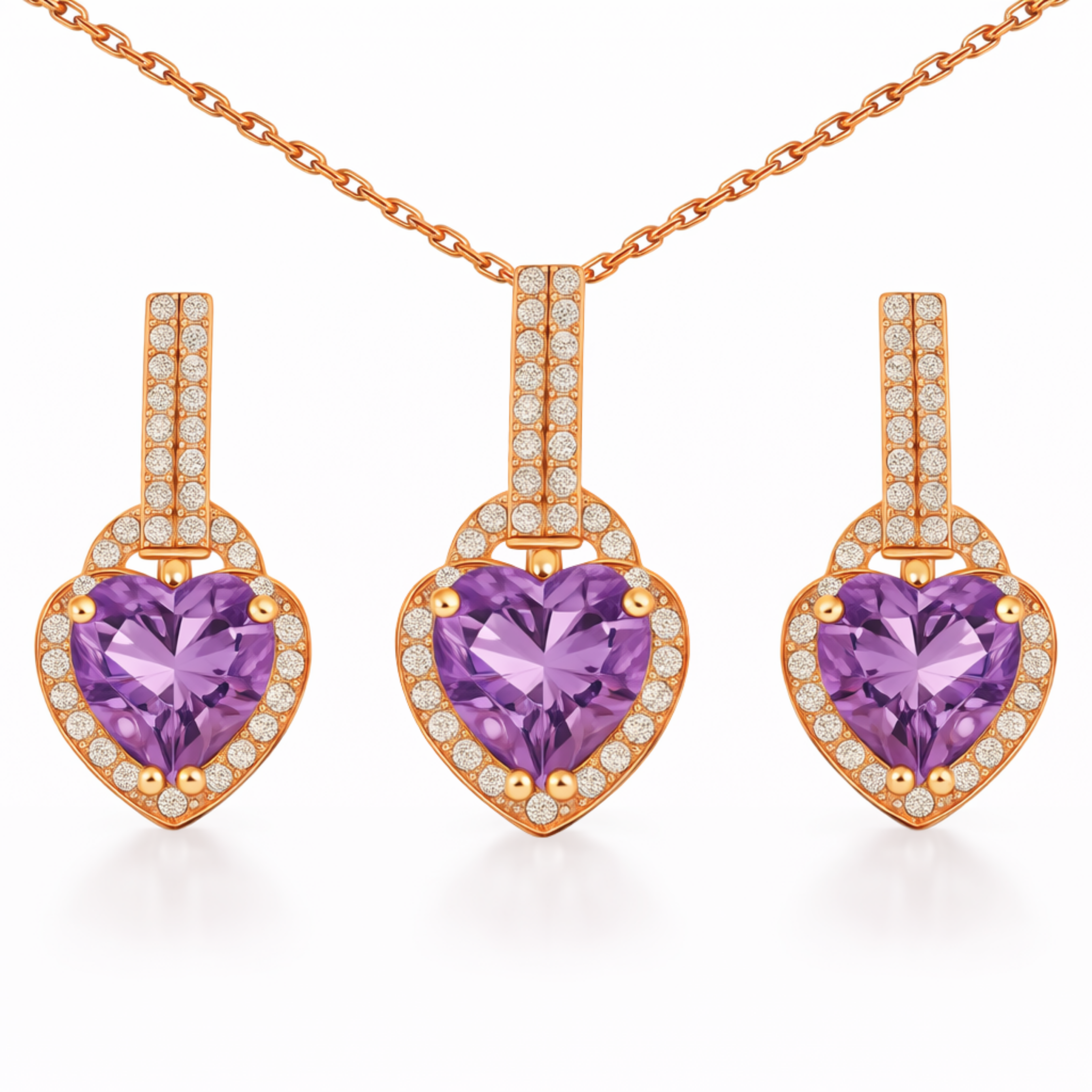 Natural Purple Amethyst Silver Heart Sterling Silver Jewelry Set